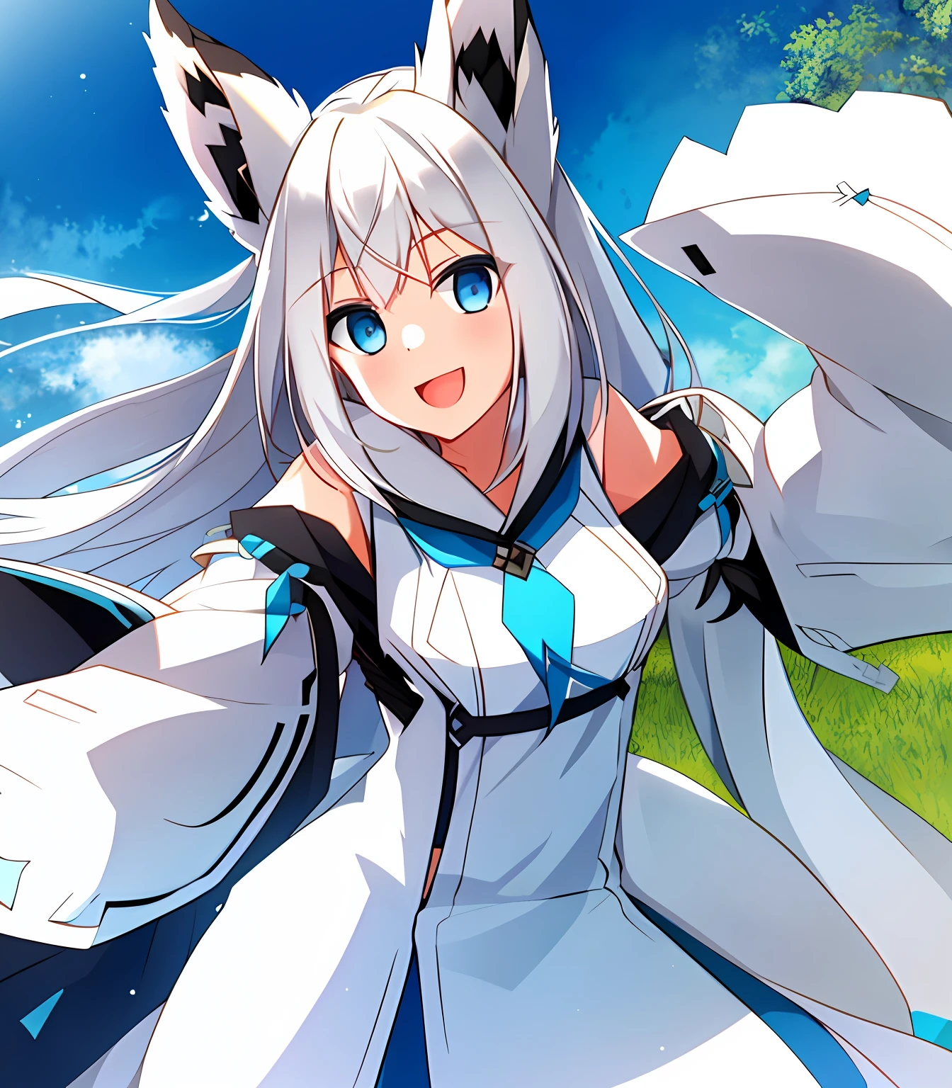 1 girl, Furry woman, White fox, Masterpiece, Light blue eyes, Light smile, Open mouth, \: