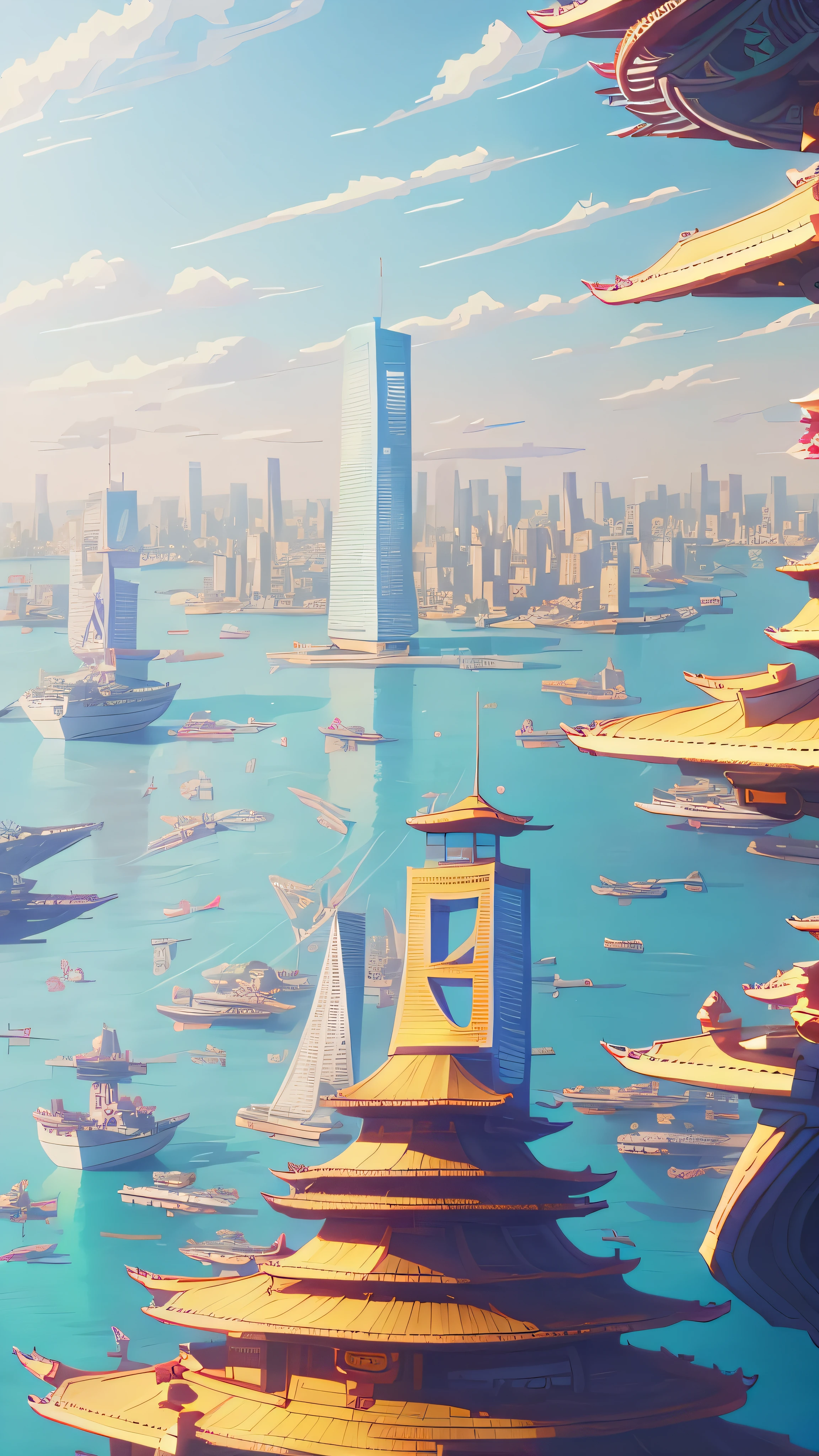 there is a picture of a poster of a city with a boat, low detailed. digital painting, stylized digital illustration, illustration matte painting, shanghai, by Li Tiefu, rossdraws global illumination, detailed 2d illustration, stunning digital illustration, digital illustration -, procreate illustration, james gilleard artwork, a beautiful artwork illustration, digital painting of a pagoda