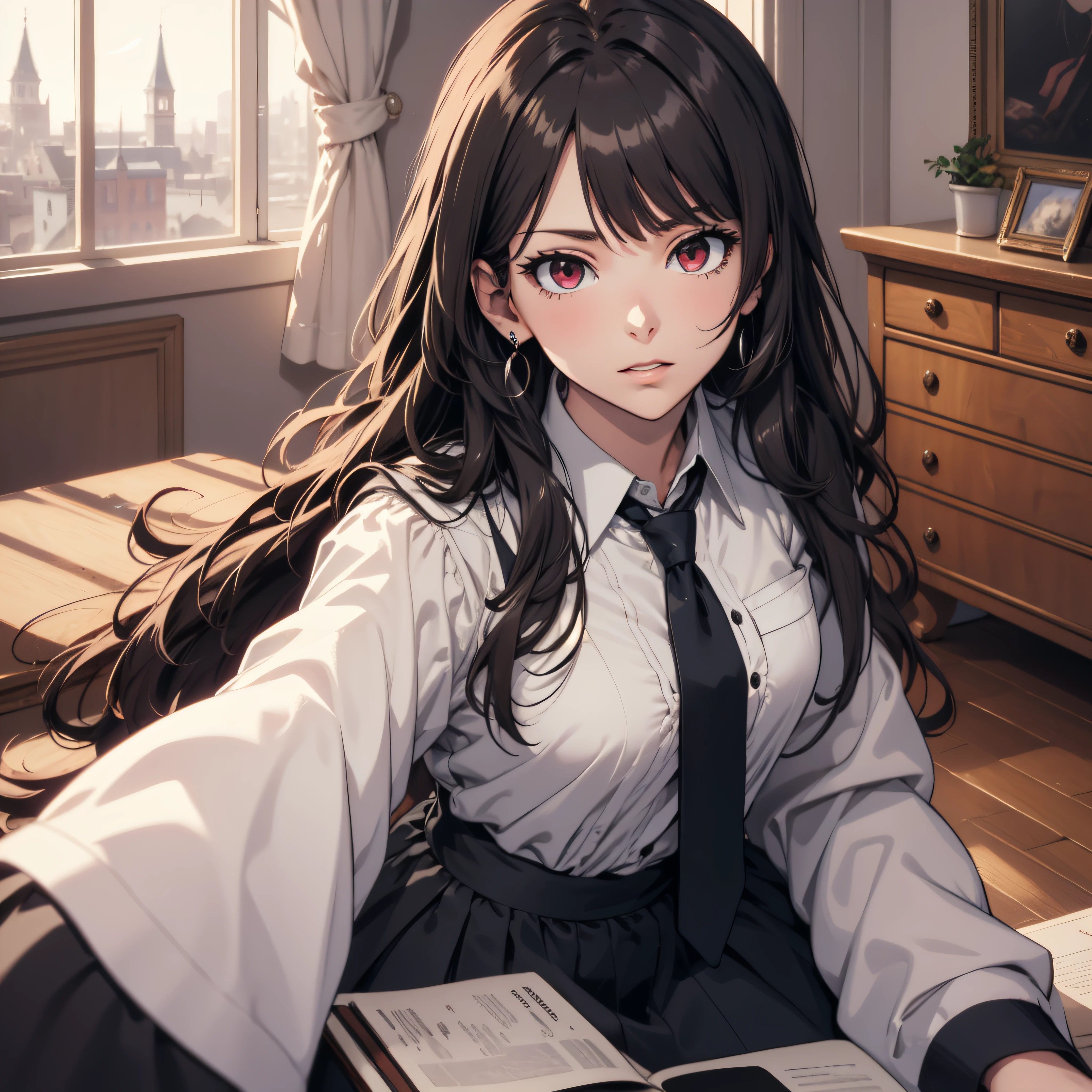 Anime girl sitting on the floor with a book and a book - SeaArt AI