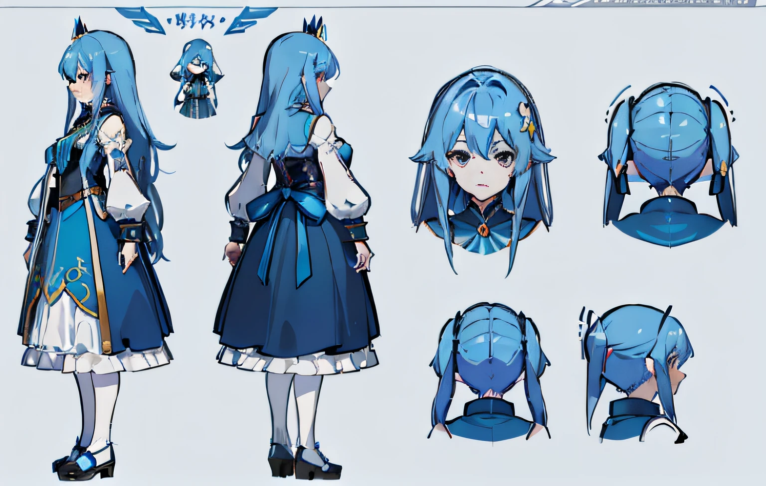 1 человек, справочный лист, (Дизайн персонажей в стиле фэнтези, Передний, назад, сторона) девочка, Принцесса, Синие длинные волосы, голубое платье, королевский, шедевр, высшее качество, Лучшее качество)