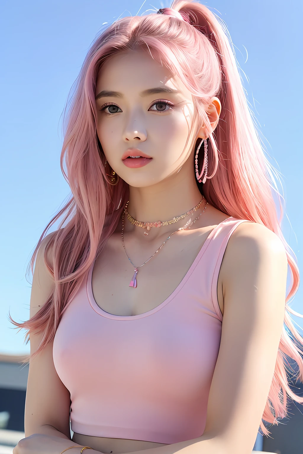 (extra detailed body、extra detailed face、best qualtiy:1.2)、femele、looking at the viewers、(A pink-haired、16 year old pretty girl、Colorful tank top、Fancy piercings、a necklace、Bracelets、Lunette de soleil、Lots of hair ornaments like round super balls、full bodyesbian)、(Pink oval futuristic building on background 1.4)