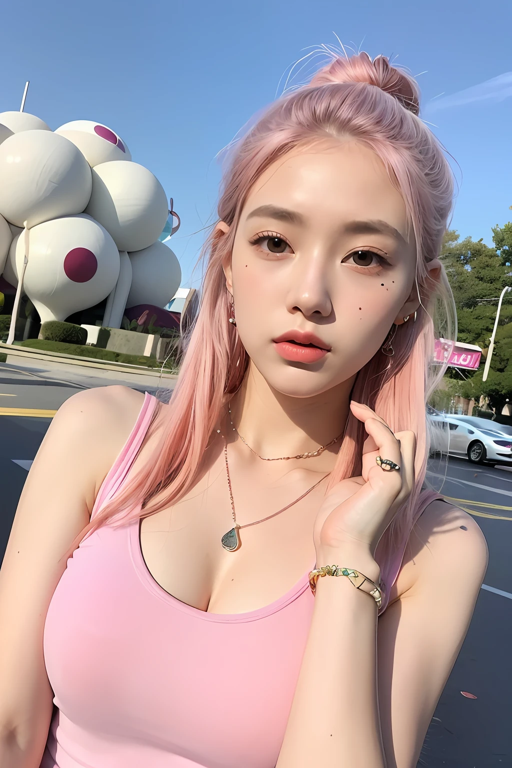 (extra detailed body、extra detailed face、best qualtiy:1.2)、femele、looking at the viewers、(A pink-haired、16 year old pretty girl、Colorful tank top、Fancy piercings、a necklace、Bracelets、Lunette de soleil、Lots of hair ornaments like round super balls、full bodyesbian)、(Pink oval futuristic building on background 1.4)