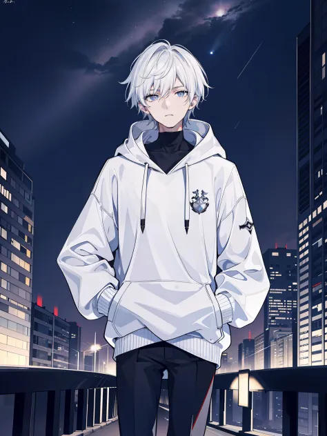 tmasterpiece, detail in face, Extreme detail, 8K, Modern style, ((1 young man)), Short white hair, White hoodie, Black pants, Se...