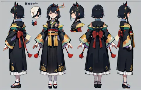 1人, reference sheet, (Fantasy character design, Front, back, Side) girl, princess, long black hair, kimono, koi