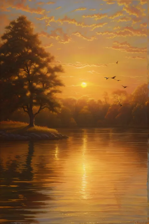Depict the sunset with a tree and a bird flying over the water, Twilight ; digital oil painting, warm beautiful scene, peaceful ...