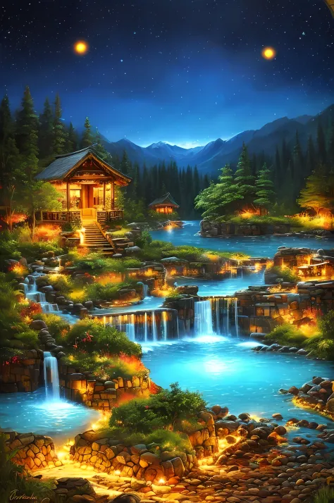 best quality, masterpiece, beautiful wild and natural fantasy landscape with glowing lights