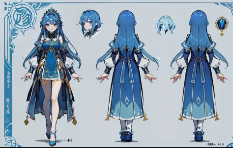 1人, reference sheet, (fantasy character design, front, back, side) girl, princess, blue long hair, blue dress, royal, masterpiec...