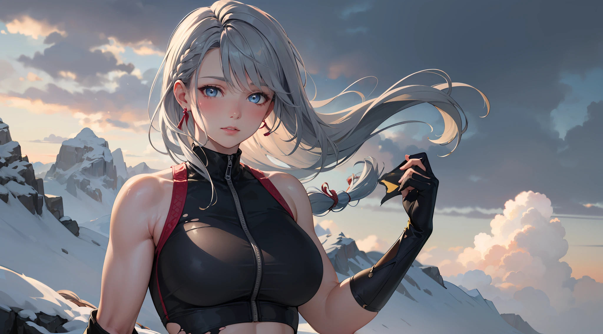 office girl, office clothes, upper body, seductive look, blush, outdoors, snowflake scenery, looking at viewer, cloudy, moody lighting, (perfect detail eyes:1.2), glowing eyes, (long hair one braid:1.2), elemental skill effect, (Masterpiece, Best Quality, High Quality:1.4), professional artwork, Intricate Details, field of view, sharp focus, detailed painting, photorealistic lighting, trending on pixiv, (vivid lighting, vibrant colors:1.05), realistic shadows, ambient occlusion, (athletic body:1.3), mature woman, 30yo, torn clothes