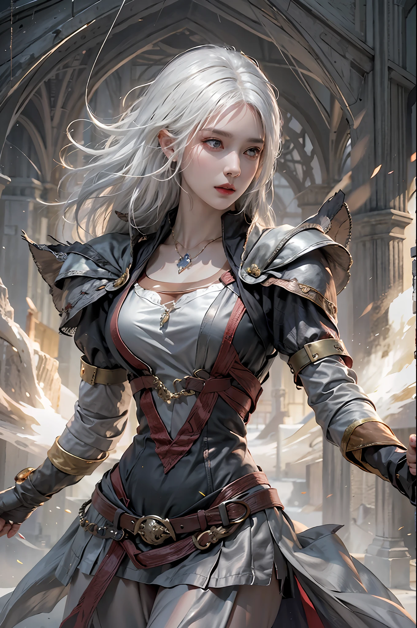 photorealistic, high resolution, 1women, solo, hips up, look at viewer, (detailed face), white hair, sorcerer, dark souls style, fighting, jewelry