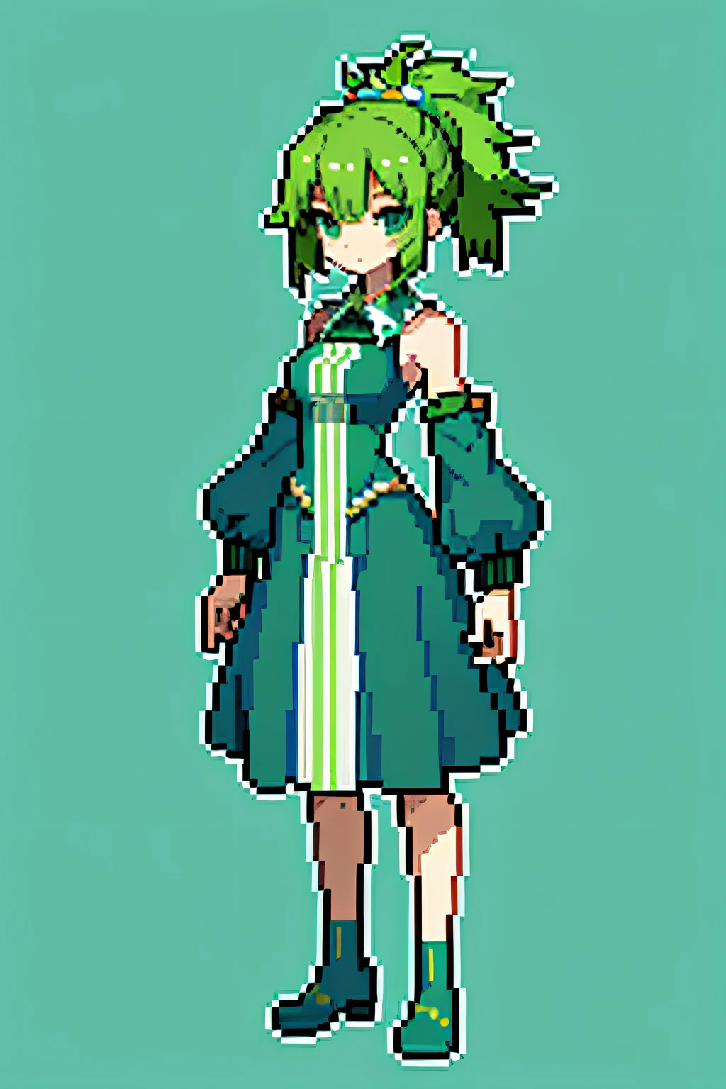 masterpiece, top quality, best quality), pixel,pixel art, 1 girl, pasture green bunches hair, fullbody, green warrior clothes