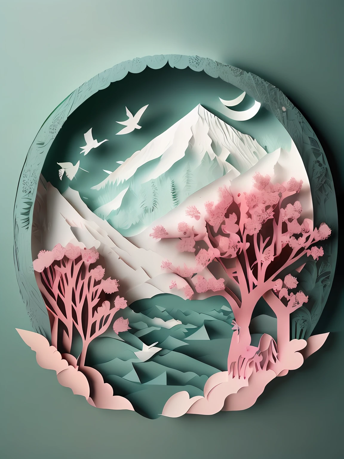 Chinese landscape illustration，Three-dimensional paper cutting，Paper carving，minimalistic composition，Pink cherry blossom tree，Green pine trees，4K，3D立体渲染