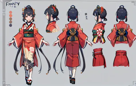 1人, reference sheet, (Fantasy character design, Front, back, Side) girl, kimono, japanese goddess, royal kimono