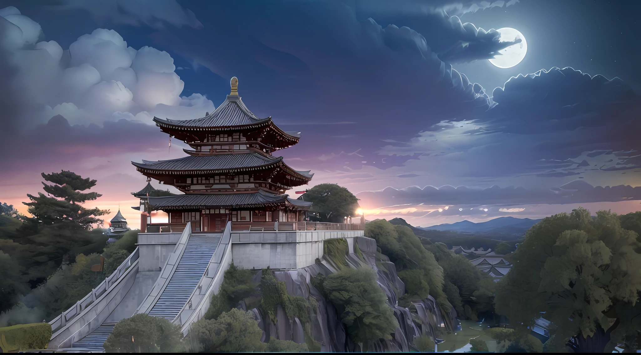 Meisterwerk, beste Qualität, gute Qualität, extrem detailliertes CG Unity 8k-Hintergrundbild, draussen, Himmel, Wolken, Nacht, keine Menschen, Berg, Der Palast im chinesischen Stil liegt am Hang, Mondlicht, Cinemagraph, Landschaft, Wasser, Bäume, dark Himmel, Wasserfall, Cliff, Natur, See, Fluss, cloudy Himmel, preisgekrönte Fotografie, bokeh, Tiefenschärfe, HDR, blühen, chromatische Abweichung, fotorealistisch, sehr detailliert, Trends auf ArtStation, Trends bei cgsociety, kompliziert, Hohe Detailliertheit, dramatisch, halbwegs Kunst