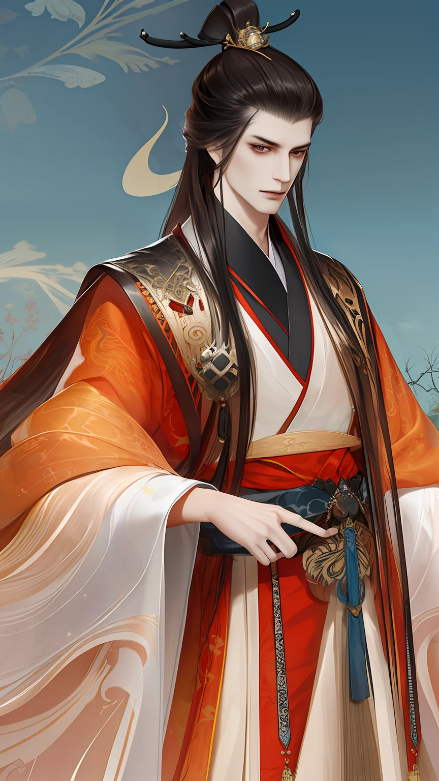 best qualtiy，tmasterpiece，highly detailed wallpaper，1 domineering man，Character standing drawing，malefocus，brunette color hair，long whitr hair，Kingly temperament，Detailed face，gorgeous hair accessory，looking at viewert，Hanfu，Ultra-high resolution，sketching，ink wash style