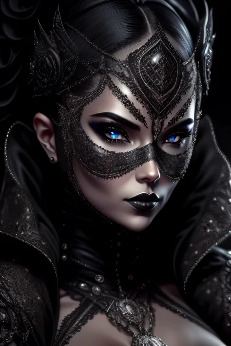 "Dark, mysterious femme fatale adorned in a gothic black and silver mask exquisitely embellished with intricate designs."