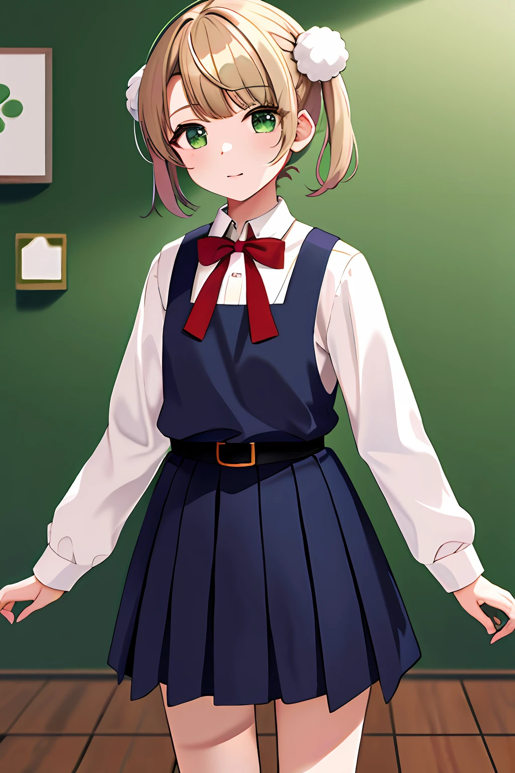 masterpiece, best quality, highres, ui3, 1girl, solo, green eyes, pom pom \(clothes\), pinafore dress, white shirt, white socks, long sleeves, aged down, short hair, belt, red bowtie, bangs, school uniform, blue dress, collared shirt, cowboy shot,