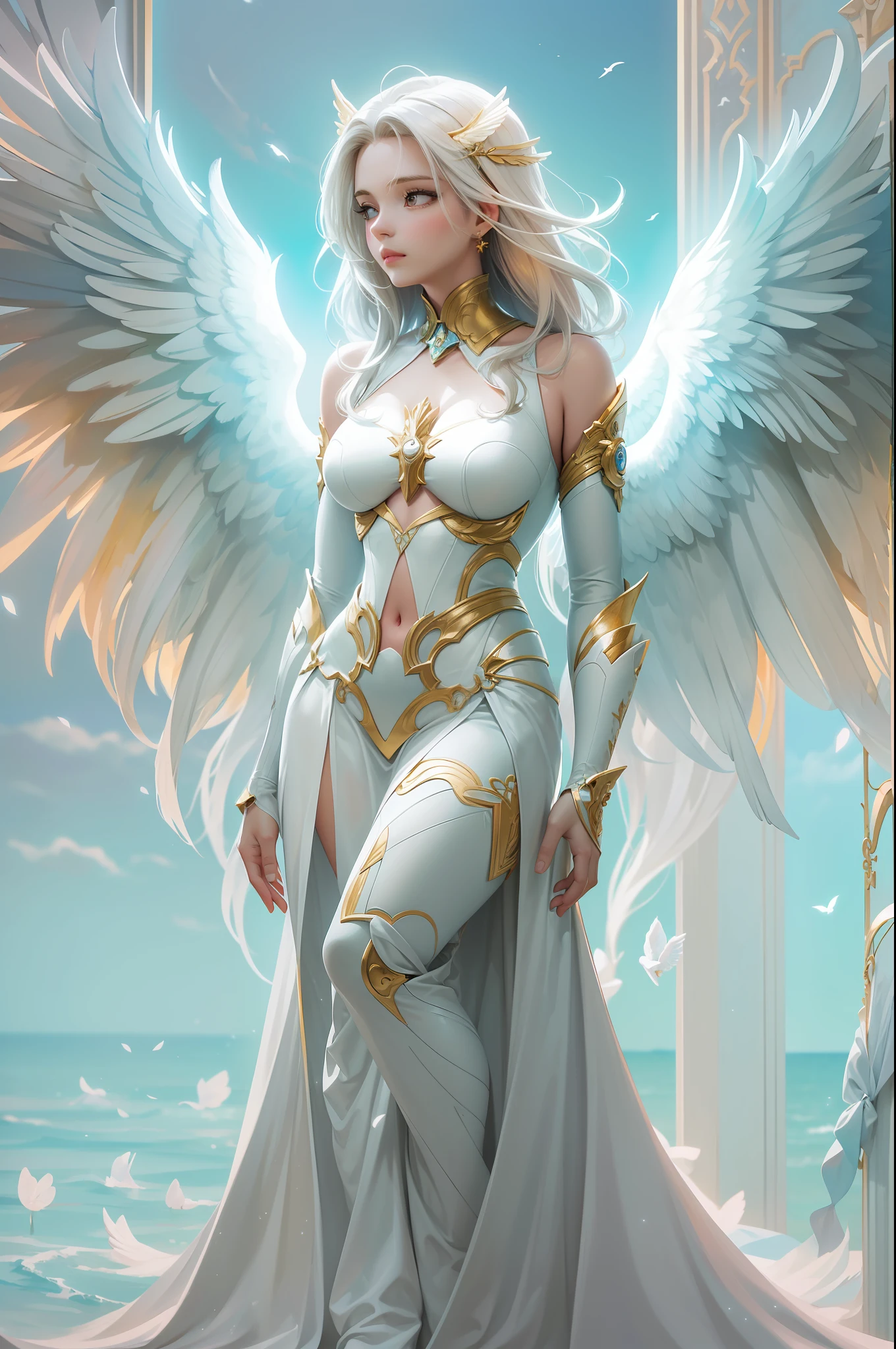 Перед стеной с крыльями ангела、Женщина с разноцветными волосами и белым  платьем стоит, красивая женщина-ангел, портрет прекрасного ангела,  величественный ангел в полный рост, богиня. чрезвычайно высокая детализация  - SeaArt AI