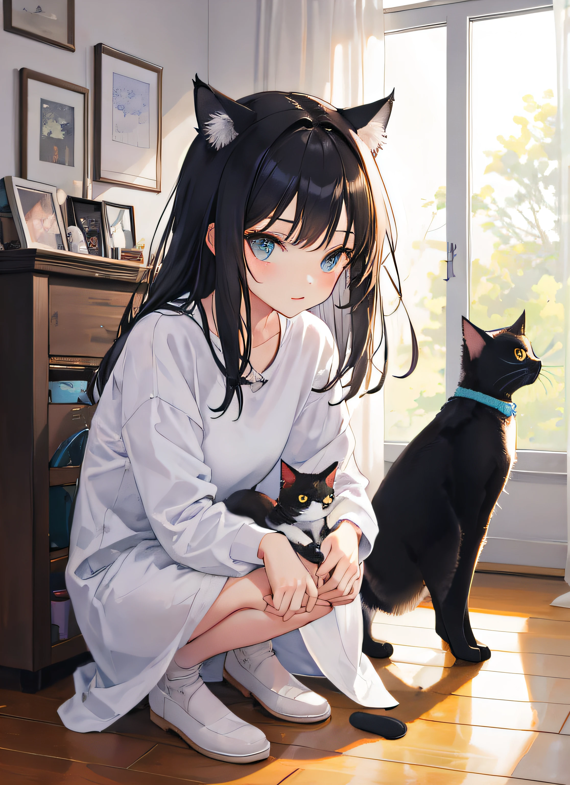 Anime girl sitting on the floor in front of window with black cat, anime girl with cat ears, beautiful anime catgirl, cute anime catgirl, anime catgirl, Very beautiful anime cat girl, Girl with cat ears, anime cat, Attractive cat girl, style of anime4 K, very beautiful cute catgirl, cat woman, beautiful young catgirl, Cat girl