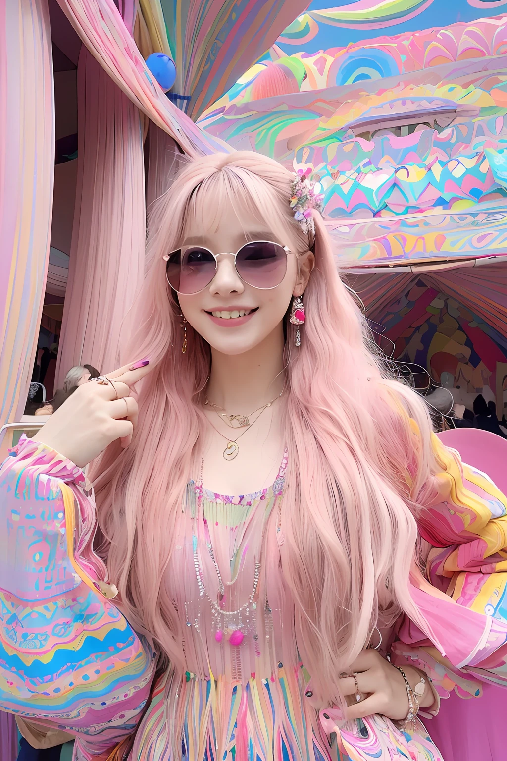 (extra detailed body、extra detailed face、best qualtiy:1.2)、femele、looking at the viewers、(sixteen years old、a smile、Pink sunglasses、A pink-haired、Clothes with lots of colorful drapes、piercings、a necklace、Hair ornament larger than the head)、(Pink psychedelic architecture on background:1.4)、Midjourney Worldview