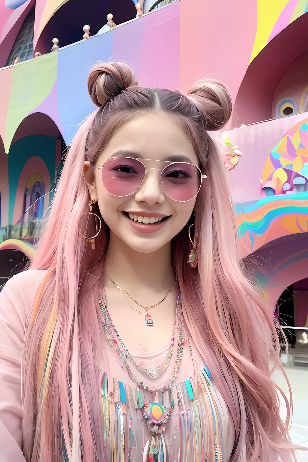 (extra detailed body、extra detailed face、best qualtiy:1.2)、femele、looking at the viewers、(sixteen years old、a smile、Pink sunglasses、A pink-haired、Clothes with lots of colorful drapes、piercings、a necklace、Hair ornament larger than the head)、(Pink psychedelic architecture on background:1.4)、Midjourney Worldview