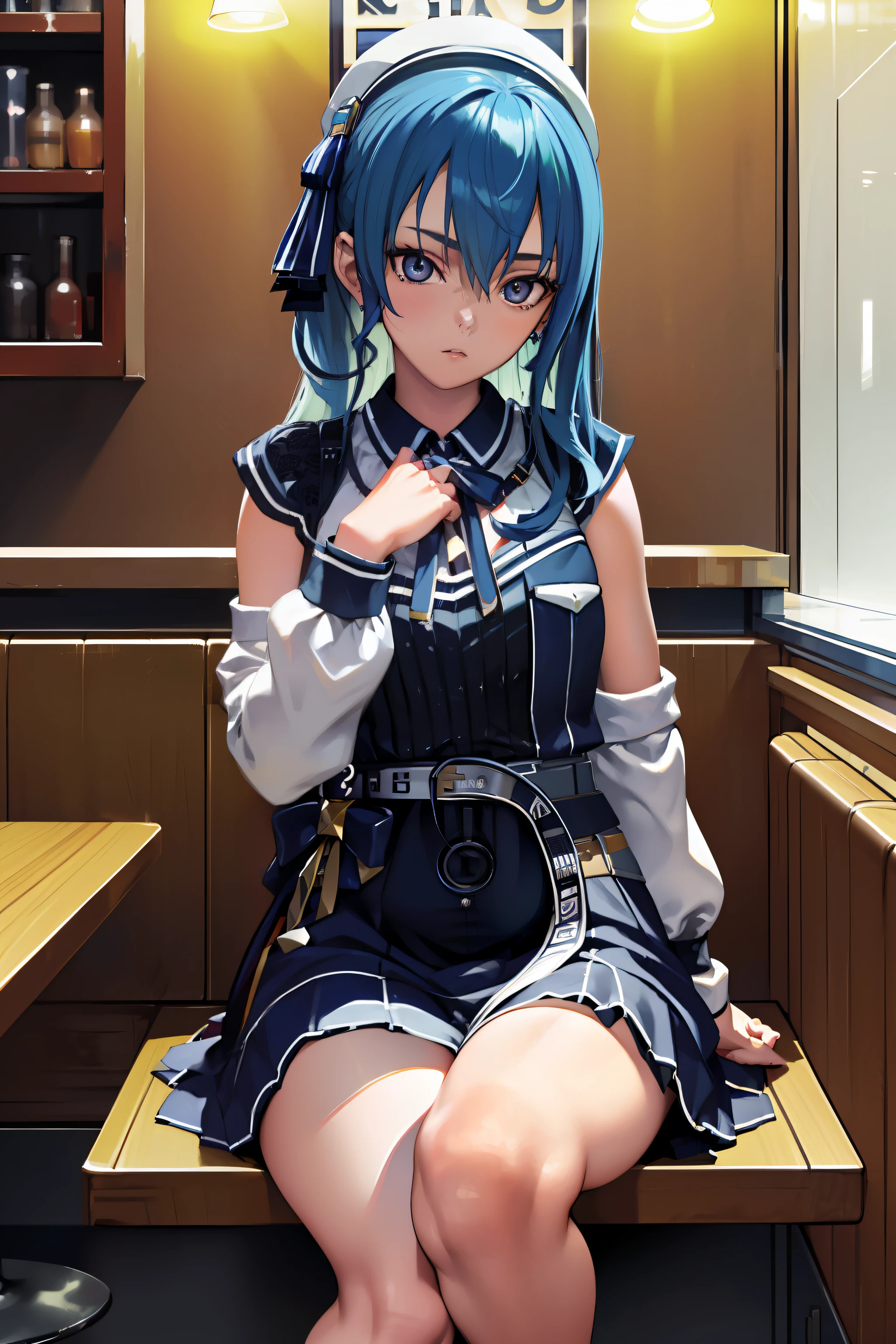 （tmasterpiece，k hd，hyper HD，4K）Light，japanaese girl，lifting up skirt，whitethighhighs，soft thighs，Glossy thighs，sitting at bar，Face-to-face perspective，（From the angle below），Sit on a bar chair，sitting in front，Bar background，Seating background，Feet dangling，Crotch zoom camera，full bodyesbian，Show your feet，No shoes，Head down and sleepy-eyed，looking at the viewer only， best qualtiy， hyper HD， （realisticlying：1.4），A high resolution， the detail， RAW photogr， Sharp Re， Nikon D850 Film Stock Photo by Jefferies Lee 4 Kodak Portra 400 Camera F1.6 shots, Rich colors, ultra-realistic vivid textures, Dramatic lighting, Unreal Engine Art Station Trend, cinestir 800，