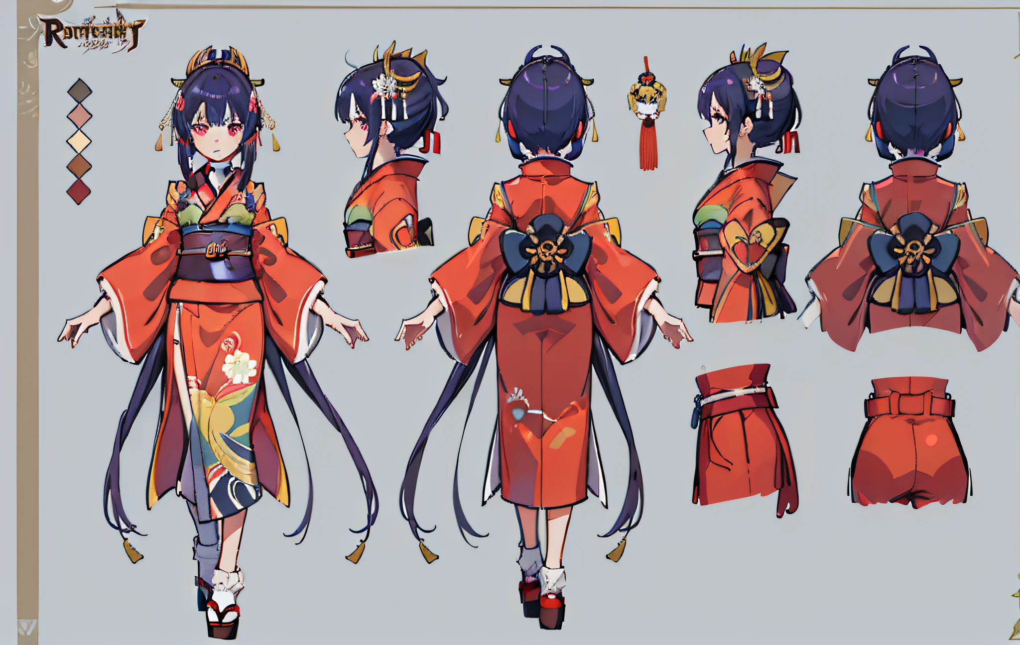 1 personne, feuille de référence, (conception de personnages fantastiques, Devant, dos, côté) fille, kimono, déesse japonaise, kimono royal
