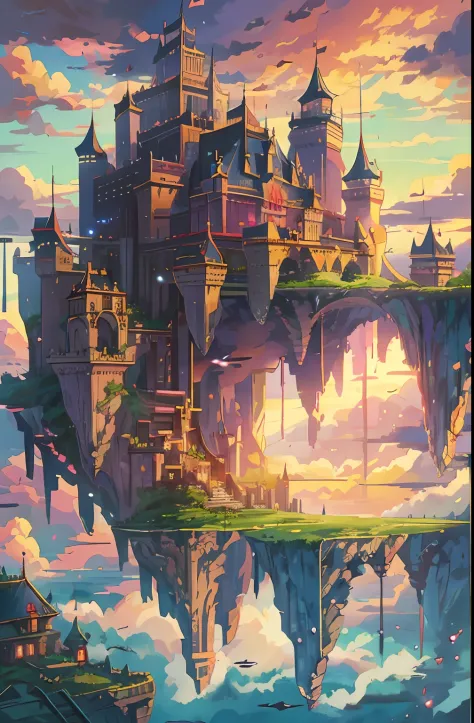 anime castle floating in the sky with a sunset in the background, flying cloud castle, palace floating in the sky, an immense fl...