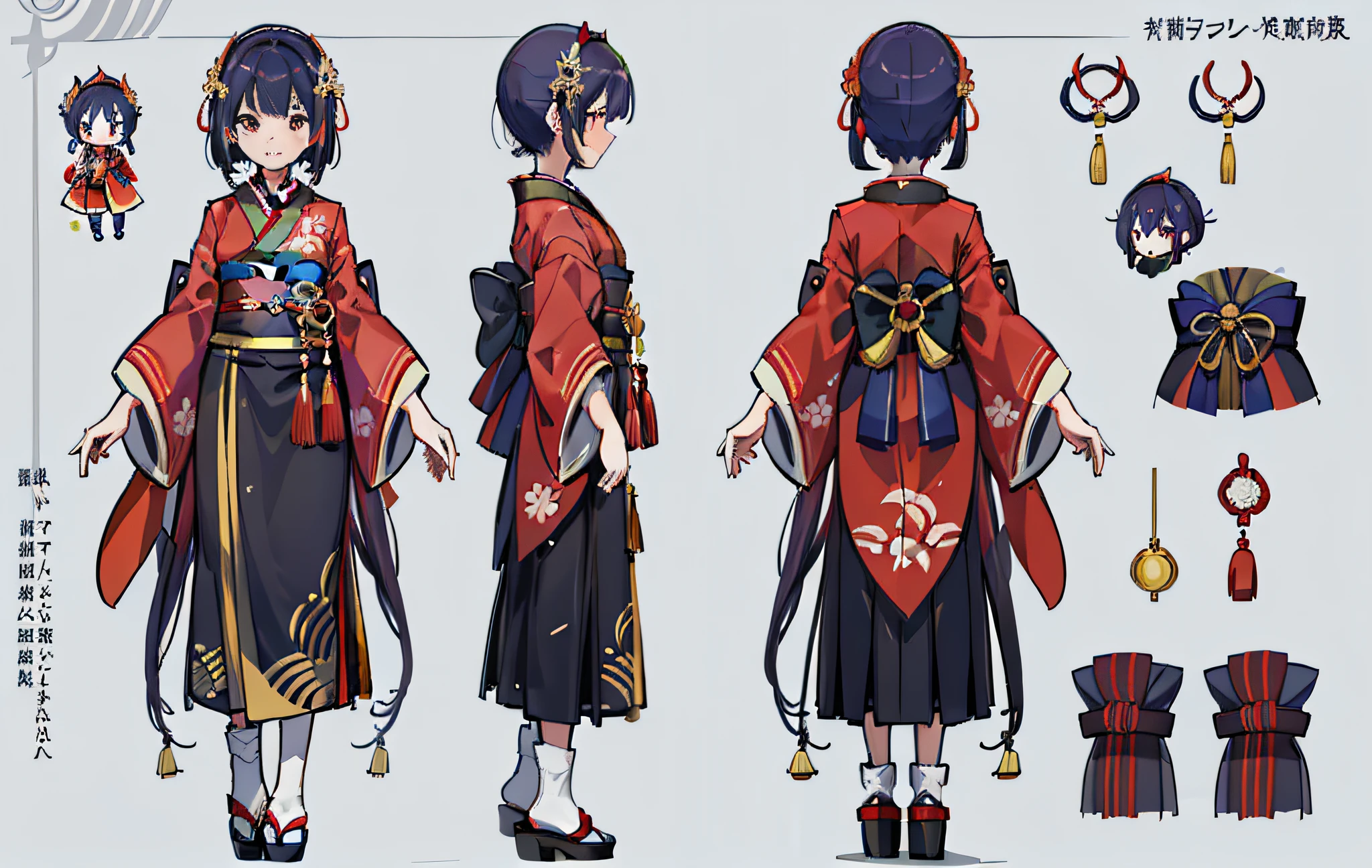 1 Person, Referenzblatt, (Fantasy-Charakterdesign, Vorderseite, zurück, Seite) Mädchen, Kimono, japanische Göttin, royal Kimono
