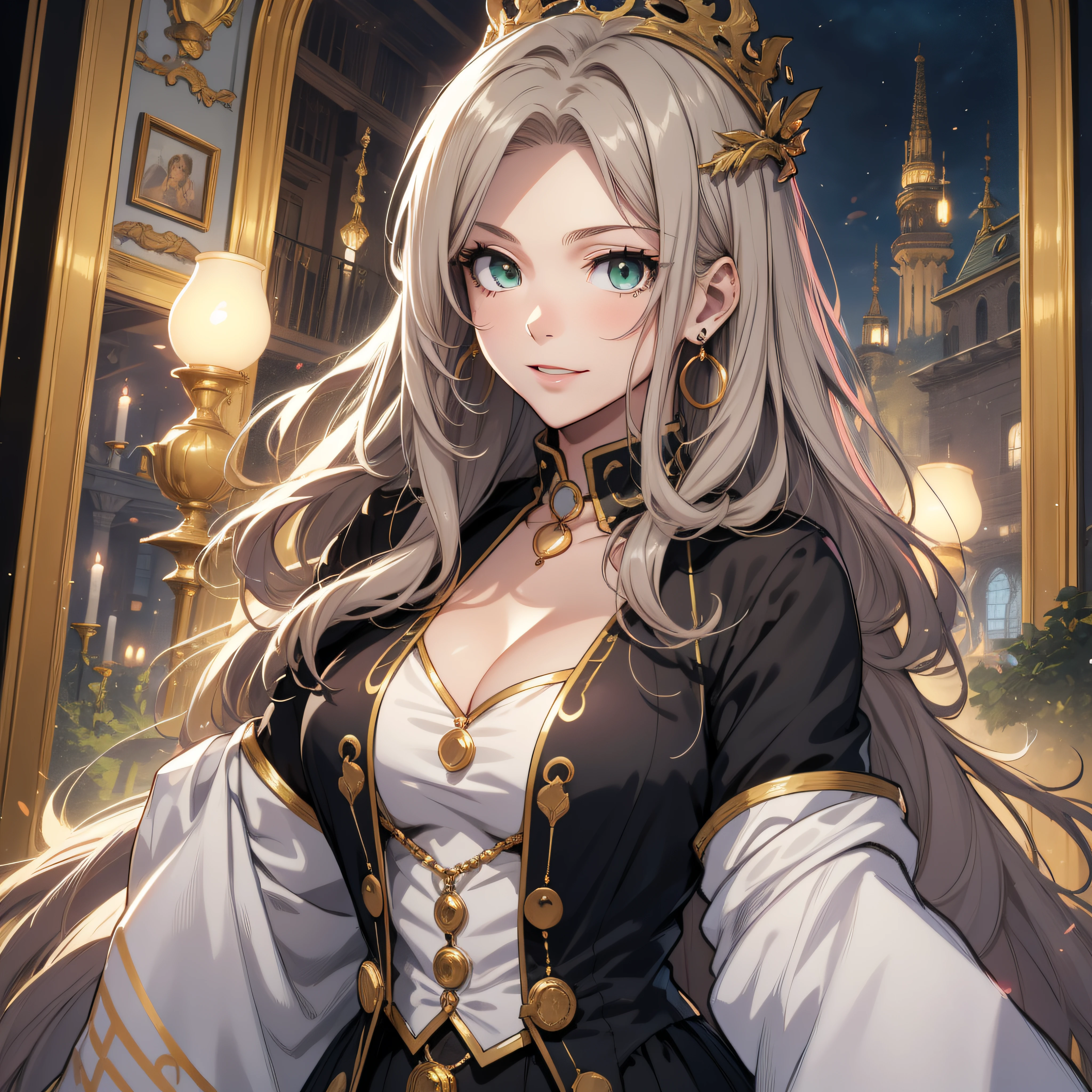 (best quality, masterpiece, ultra-detailed, extremely detailed, highres), (1girl, single, solo), 18 years old Anime girl, long raven hair, slightly wavy hair, parted bangs, open top collar, cleavage, (skin texture:0.7), Magus, green eyes, earring, long black coat, white shirt, black skirt, aristocrat, noble attire, beautiful, ethereal, elegant, prestigious, classic, royal palace, royal atmosphere, natural lips, beautiful smile