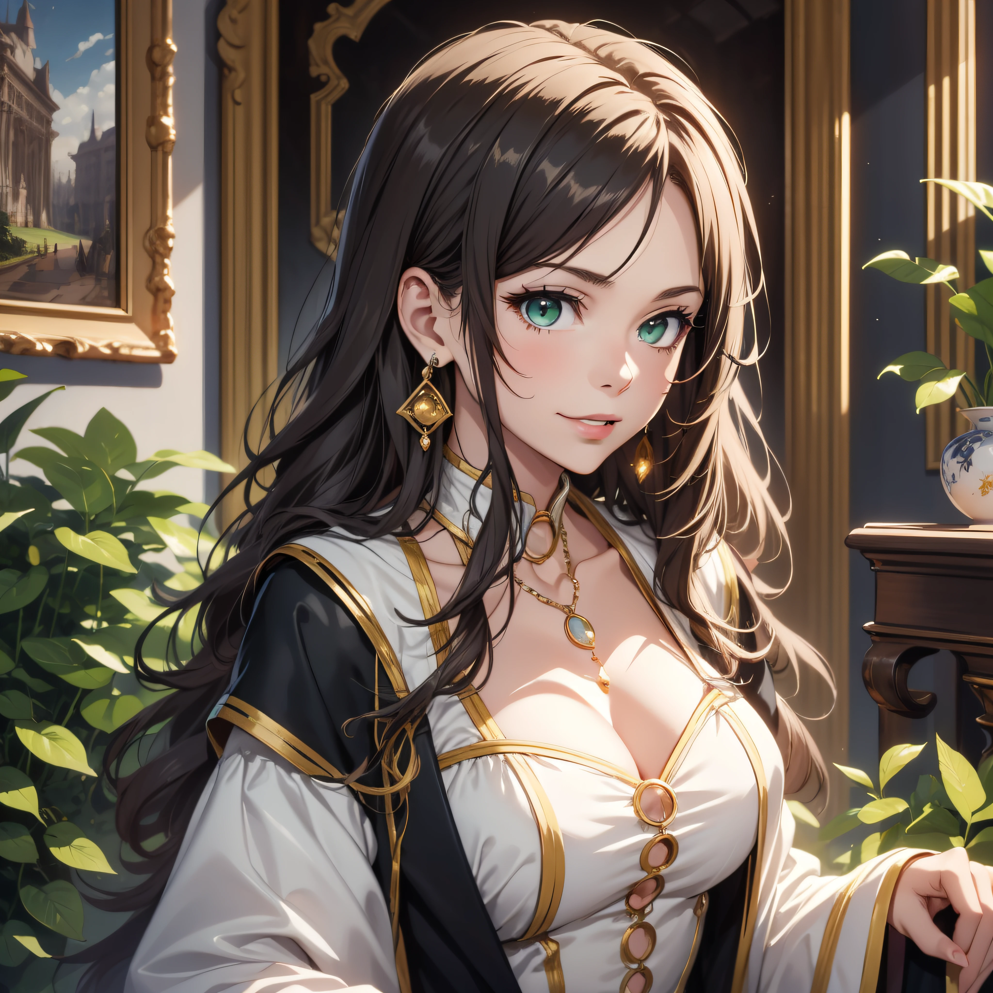 (best quality, masterpiece, ultra-detailed, extremely detailed, highres), (1girl, single, solo), 1 Anime girl, long raven hair, slightly wavy hair, parted bangs, open top collar, cleavage, (skin texture:0.7), Magus, green eyes, earring, long black coat, white shirt, black skirt, aristocrat, noble attire, beautiful, ethereal, elegant, prestigious, classic, royal palace, royal atmosphere, natural lips, beautiful smile