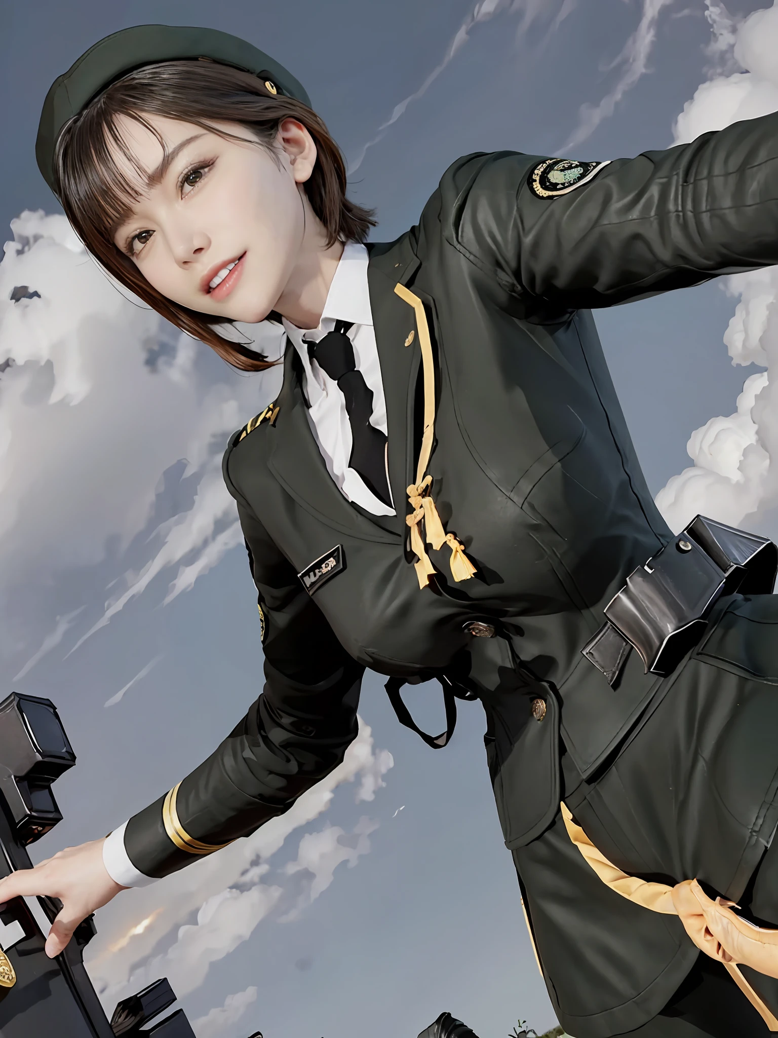 Very detailed CG unity 8K wallpaper，（tmasterpiece），（best qualtiy），（ultra - detailed），（Ultra photo realsisim），（best character detail：1.36），Nikon D750 f / 1.4 55mm，profesional lighting， physically-based renderingt, 1girll, Female soldier，army suit，Green military uniform，Fabric texture military uniform，Pure white lining，Dark green tie，Black hair，the golden ratio,[:(com rosto detalhado:1.2):0.2]:,PureErosFace_V1, broad shoulder,(Bigchest:1.5),(big assa:1.5)，Soaked with sweat，Place your hands on your chest，red flags，At the cafe，Splendid scenery，bright sun，upper body photos，Flag of China，A bright smile，White teeth，lighting，Contre-Jour，