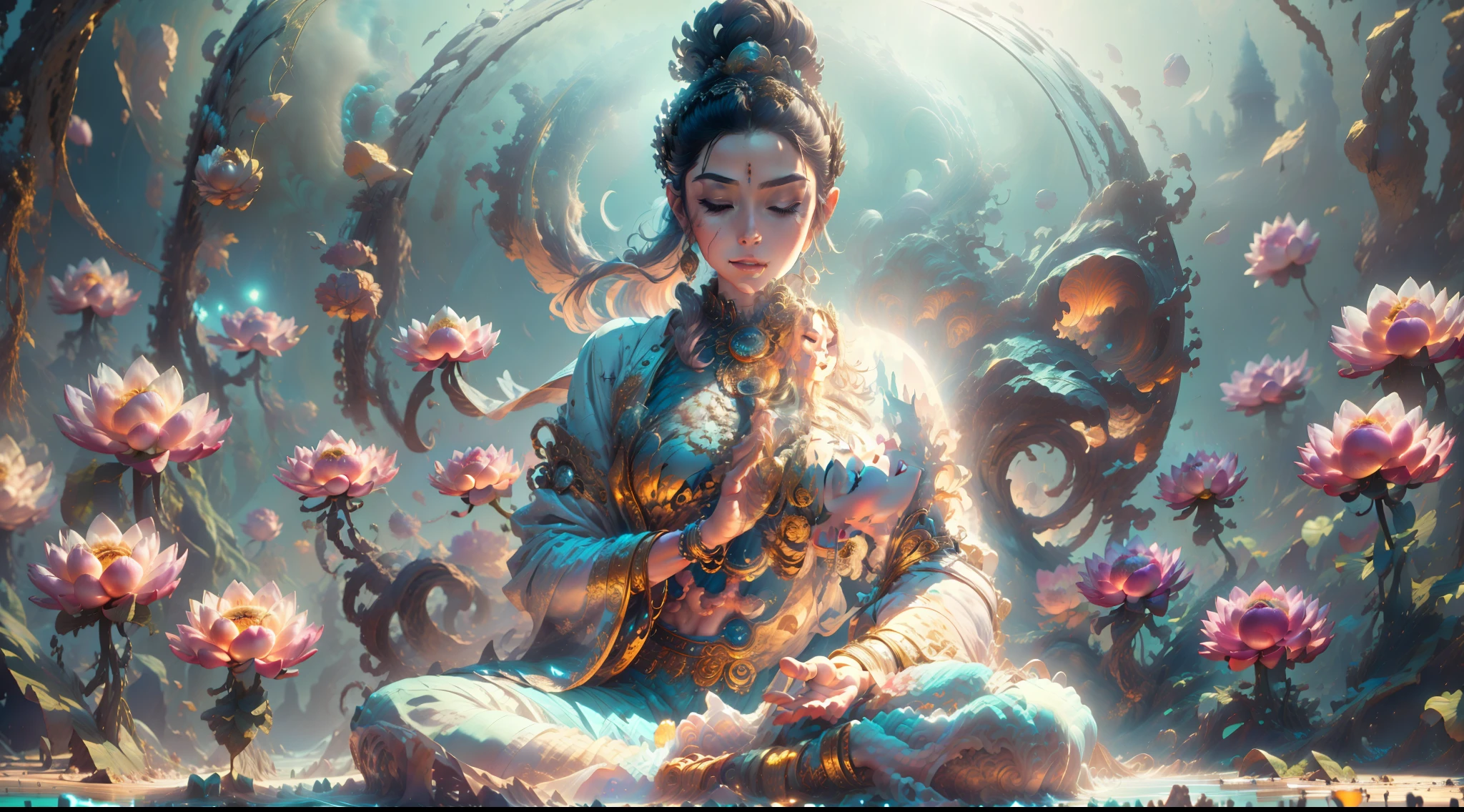 Bodhisattva in a white shirt，Guanyin Bodhisattva，angelicales，above water，Sit and meditate in a lotus pose，(raise both arms)，Raise your arms，Look at the audience with your eyes closed，raised head，Floating on the ground，cheerfulness，A slight smil，realisticlying，Bokeh，light particules，very highly detailed background，detailed face with，Detailed and complex busy background，Untidy，opulent，milkyW，Highly detailed hands，Realistic details of skin，Visible Pore，tack sharp focus，volume fog，8K  UHD，digital SLR camera，high qulity，filmgrain，White skin of the，photo-realism，lomo graphy，Huge metropolis in a dystopia of the future , look from down