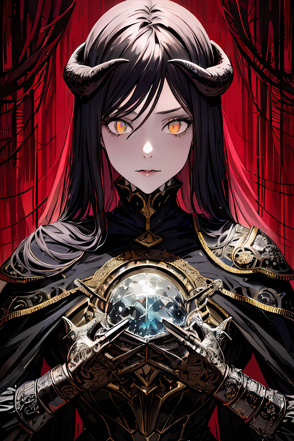 (masterpiece, top quality, best quality, official art, beautiful and aesthetic:1.2), cateyes,1girl, solo, (Stunning Eyes), armour, magic, light particles, upper body, extreme detailed, highest detailed, optical mixing, playful patterns, lively texture, unique visual effect, ((dark fantasy)), (darker colours:1.3), Ominous energy, eldritch Horror, ((Intricate Details)), (crimson colours)