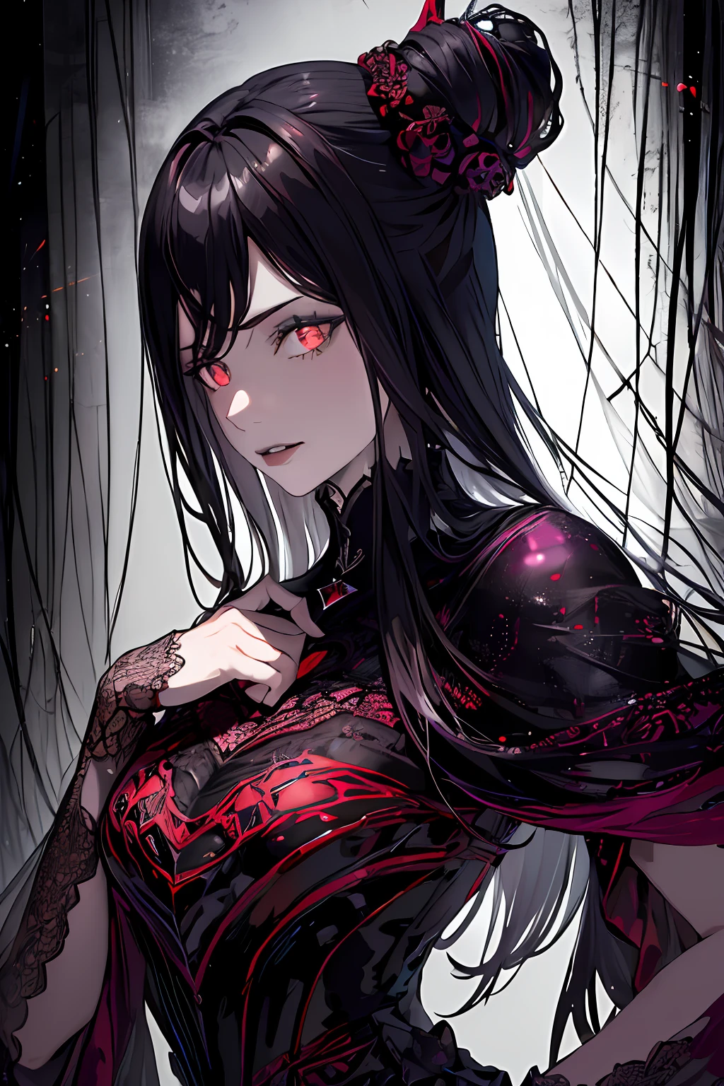 (masterpiece, top quality, best quality, official art, beautiful and aesthetic:1.2), cateyes,1girl, solo, (Stunning Eyes), armour, magic, light particles, upper body, extreme detailed, highest detailed, optical mixing, playful patterns, lively texture, unique visual effect, ((dark fantasy)), (darker colours:1.3), Ominous energy, eldritch Horror, ((Intricate Details)), (crimson colours)