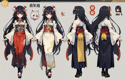 1人, reference sheet, (Fantasy character design, Front, back, Side) girl, kimono, japanese goddess, amaterasu, long black hair, sun shine, light