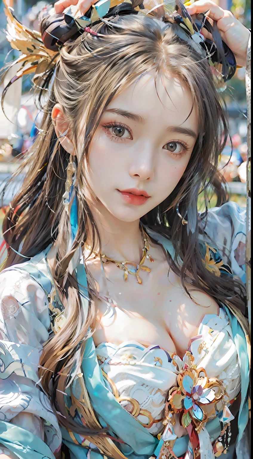 ulzang-6500-v1.1,(RAW photo:1.2), (Photorealistic:1.4), Beautiful Meticulous Girl, very detailed eyes and faces, Beautiful detailed eyes,  hugefilesize, ultra - detailed, A high resolution, The is very detailed，（（gigantic cleavage breasts，Yang beyond，））， （chiseled abs：1.1），（perfect bodies：1.1），（long whitr hair：1.2），（Silvery hair），Lace collar，full body shot shot，（（wearing a hanfu，White Hanfu，Lilac pattern）），（（Cardigan Hanfu）），（Very detailed CG 8k wallpaper），（Extremely refined and beautiful），（tmasterpiece），（best qualtiy：1.0），（超A high resolution：1.0），beautiful illumination，perfect lightning bolt，realistic shaded，[A high resolution]，Detailed skins， Hyper-detailing（（（a color））），high realistic，Holding the hilt of a sword in his hand，Golden flame