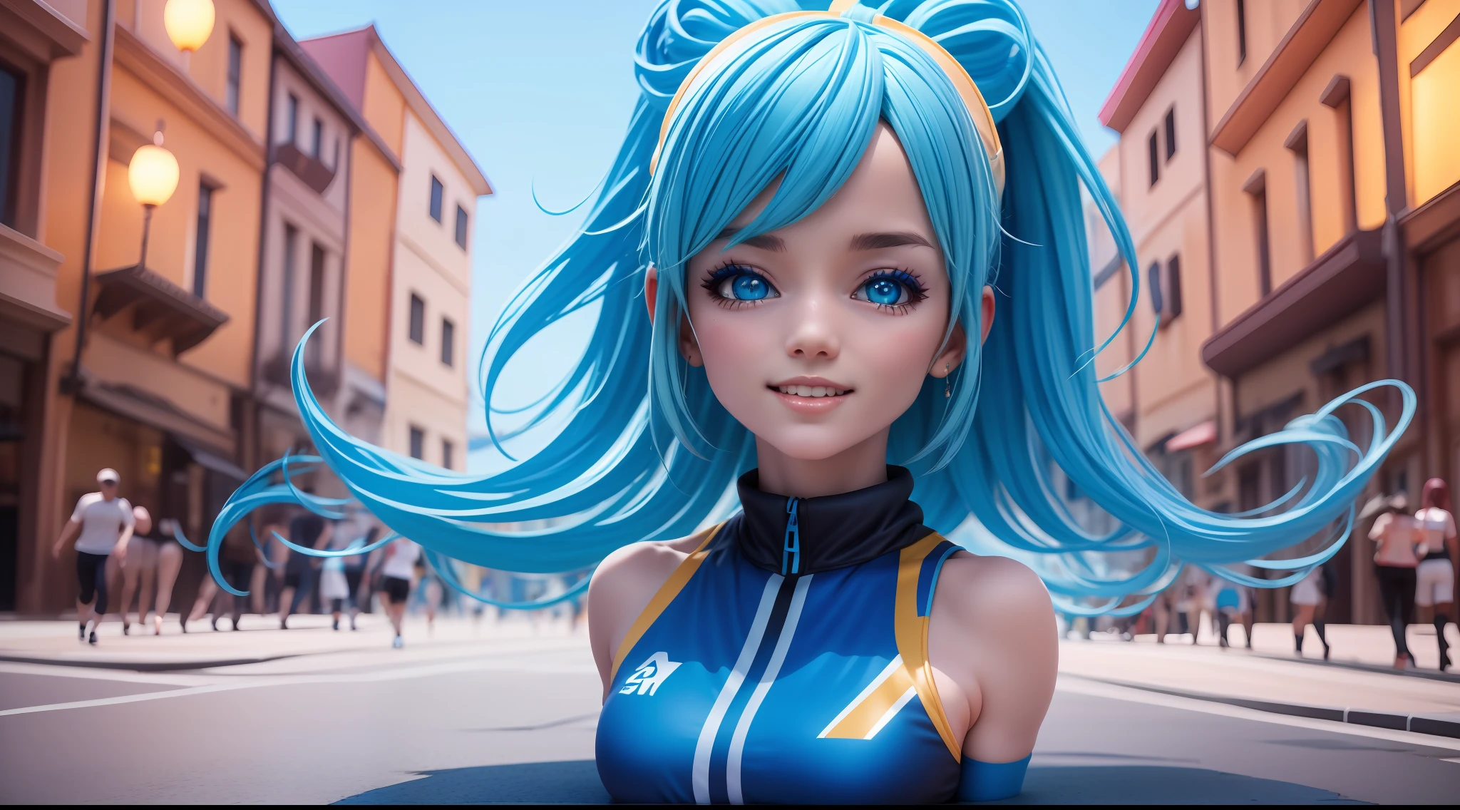 Blue-haired beauty，Wear sportswear，grin，Realistic anime 3 D style, 3 d anime realistic, photorealistic anime girl rendering, render of a cute 3d anime girl, 3 D rendering character art 8 K, anime styled 3d, 3d anime girl, hyper realistic anime, trending on cgstation, 8K portrait rendering, Anime style. 8K