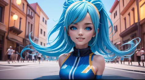 Blue-haired beauty，Wear sportswear，grin，Realistic anime 3 D style, 3 d anime realistic, photorealistic anime girl rendering, ren...