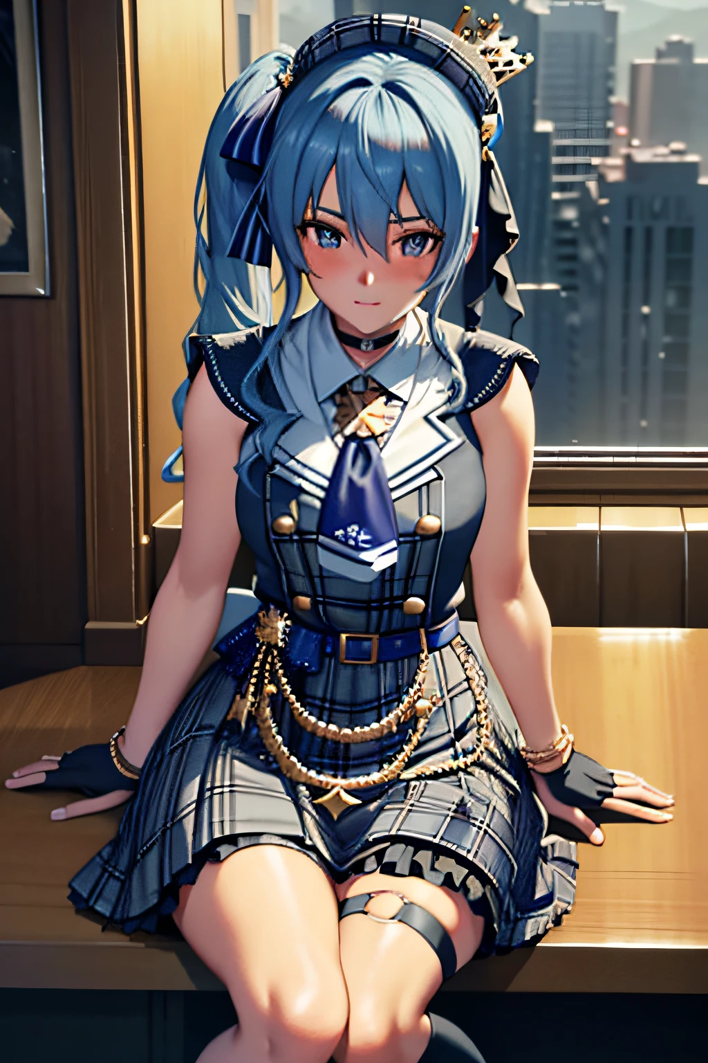 （tmasterpiece，k hd，hyper HD，4K side ponytail， hoshimachi suisei， Fingerless gloves， Single thigh height， jewely， single sock， thigh band， bangle， Blue socks， Button， One knee high， Plaid dress， Blue choker， blue sash， Plaid skirts， Mini crown， Gray skirt， blue ascot， longer sleeves,Ben Girl，lifting up skirt，Glossy thighs，sitting at bar，From the angle below，Elevation viewing angle，Sit on a bar chair，Bar background，Neon lights，Crotch zoom camera，full bodyesbian，Blushing shyly with his head down， best qualtiy， hyper HD， （realisticlying：1.4），， A high resolution， the detail， RAW photogr， Sharp Re， Nikon D850 Film Stock Photo by Jefferies Lee 4 Kodak Portra 400 Camera F1.6 shots, Rich colors, ultra-realistic vivid textures, Dramatic lighting, Unreal Engine Art Station Trend, cinestir 800，