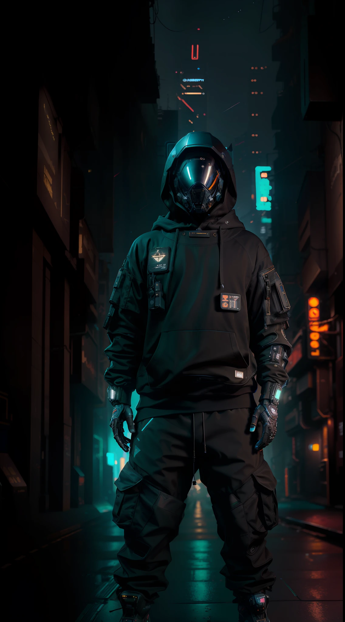 (masterpiece, full body shot, intricate raw photography) Cyberpunk citizen, comfortable oversize black hoodie, black cargo pants, black clothes, dark, wearing a black helmet hitech style Astronaut, intricate, futuristic, advanced technology, dark environment, dramatic, light and shadow, cinematic, action movie, sharpness, random relaxed position, Cyberpunk City, street lights, dark street, night, Insta photo, photo of the year, octane render, substance, Maya 3D,  cinema4D, ArtStation Trending, Devian Art Trend,