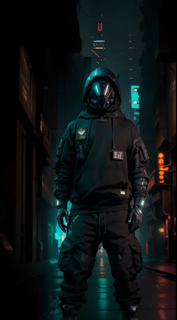 (masterpiece, full body shot, intricate raw photography) cyberpunk citizen, comfortable oversize black hoodie, black cargo pants...