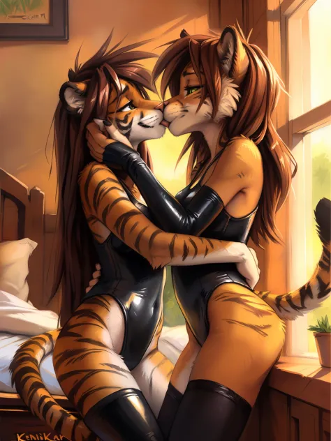 Tiger girl, sexy, sensual, uploaded to E621, beautiful and detailed portrait of an anthropomorphic tiger ((female))) uploaded to E621, ((by fluff-kevlar, by Zackary911, by Kenket, by Kilinah, by fluff-kevlar)), Brown hair, green eyes, black high stockings,...