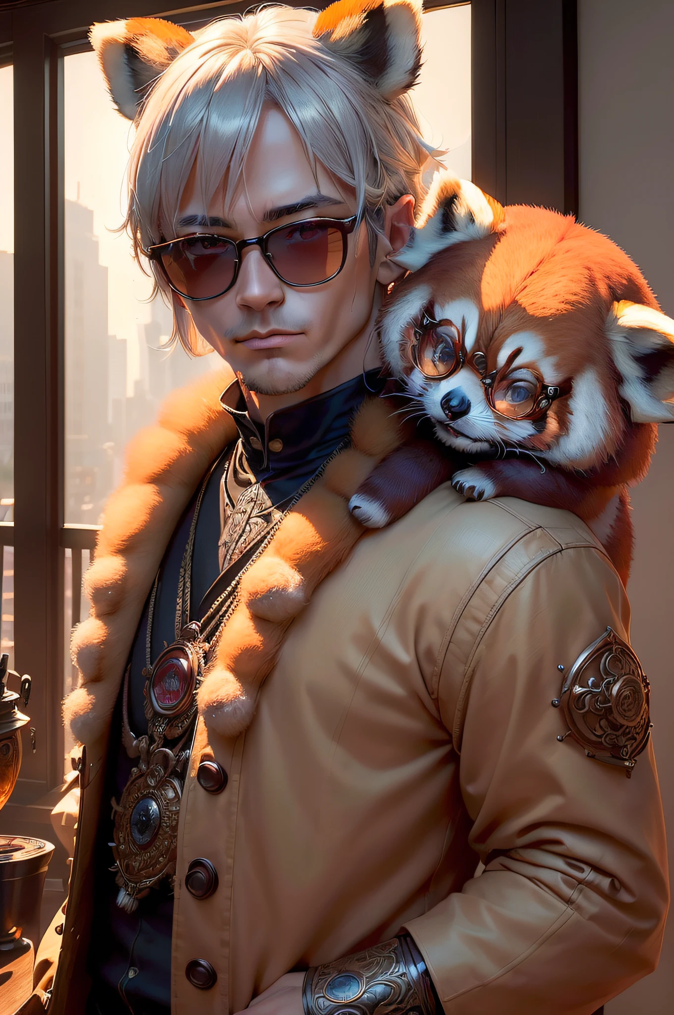 Anime cosplay with a red panda on his shoulder - SeaArt AI