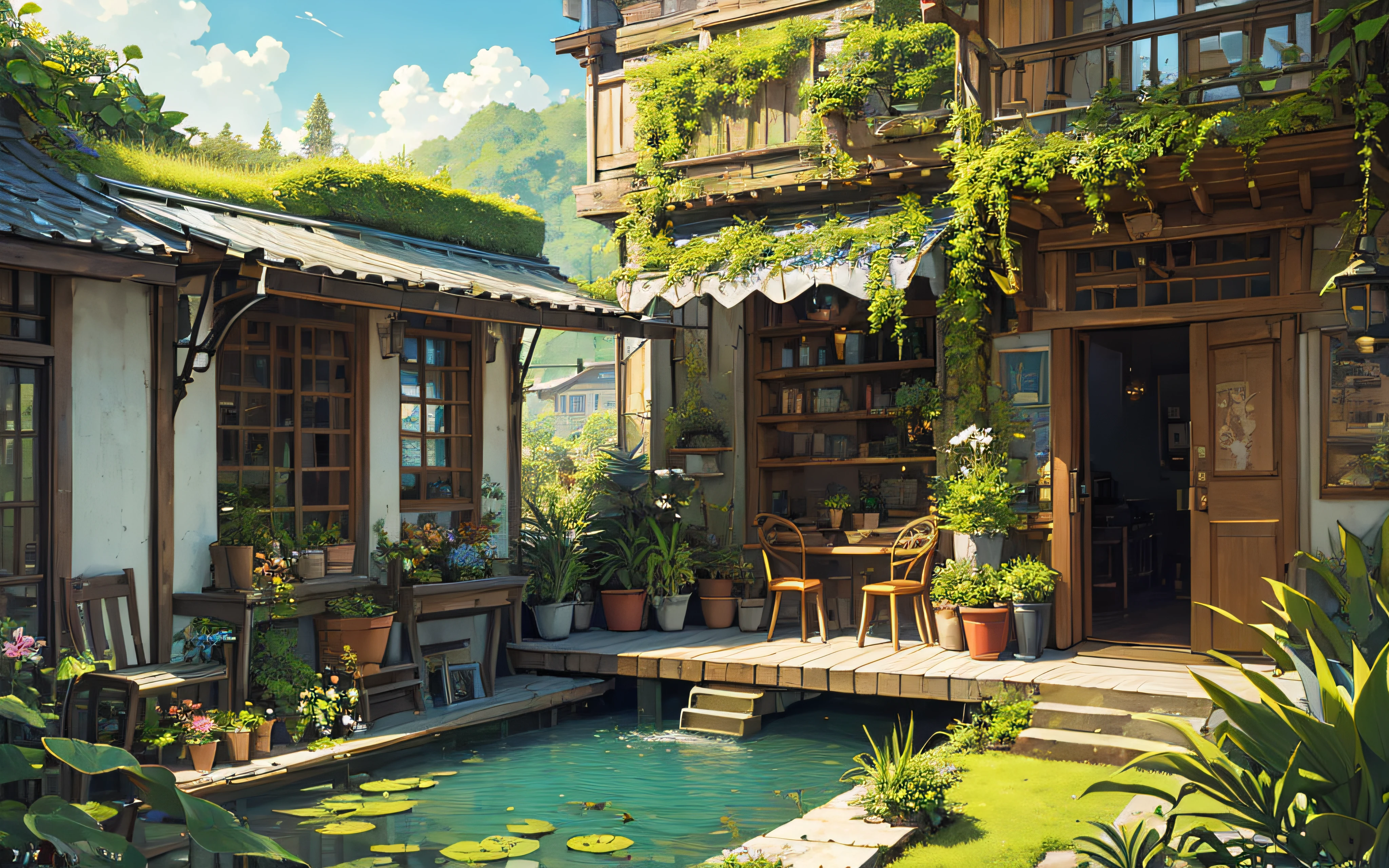 (micro-landscape:1.5),(best quality), ((masterpiece)), (highres), illustration, original, extremely detailed wallpaper, no humans, window, scenery, plant, water, potted plant, outdoors, building, door, house, flower pot, day, lily pad, chair, flower, table, stairs, watermark, hat, tree, sunlight, pond, grass, indoors, reflection, lamp, balcony, black headwear, bush, sky, railing, desk, open window, shelf, leaf, book, web address, copyright name, ladder, architecture, shadow, solo, dated, vines, vase, city, cafe, lantern, bucket, ruins, bench, shop, signature, moss, boat, barrel, river,