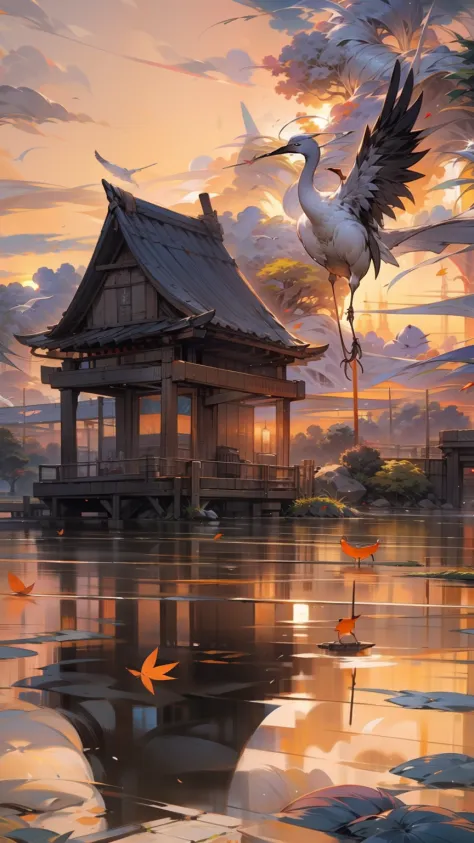 ，The sunset and the solitary crane fly together，The autumn water is the same for a long time，The beauty of ancient poetry，the setting sun，Wild geese in the sky in the distance，Ancient buildings are scattered，Works of masters，super-fine，high qulity，8K分辨率