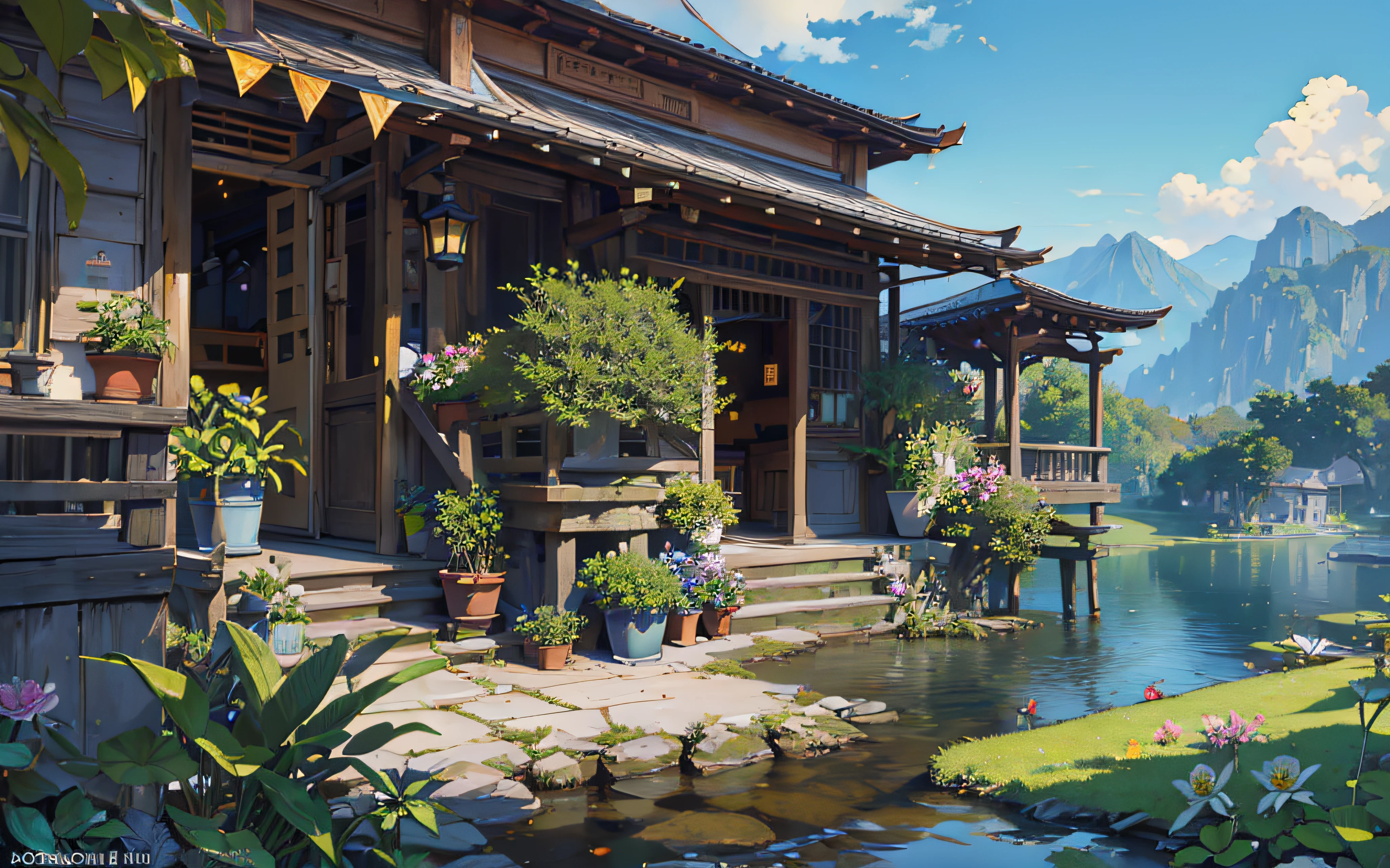 (micro-landscape:1.5),(best quality), ((masterpiece)), (highres), illustration, original, extremely detailed wallpaper, no humans, window, scenery, plant, water, potted plant, outdoors, building, door, house, flower pot, day, lily pad, chair, flower, table, stairs, watermark, hat, tree, sunlight, pond, grass, indoors, reflection, lamp, balcony, black headwear, bush, sky, railing, desk, open window, shelf, leaf, book, web address, copyright name, ladder, architecture, shadow, solo, dated, vines, vase, city, cafe, lantern, bucket, ruins, bench, shop, signature, moss, boat, barrel, river,