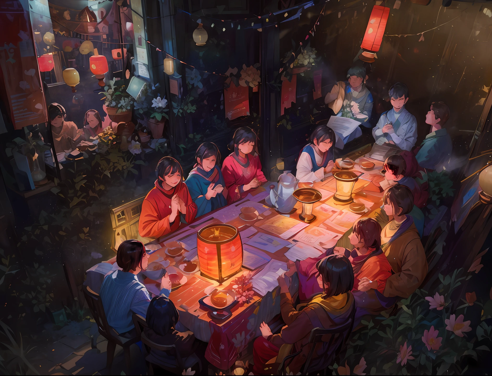 People sat around a table，There are candles and flowers on the table, Bless the soil at night, photo taken at night, Morning glow, beautifully lit, lit up, celebrating, Warm glow, DOA, As night fell, set at night,  photograph taken in 2 0 2 0, tea drinking and paper lanterns, Crowds of people prayed, light glow, Bragging