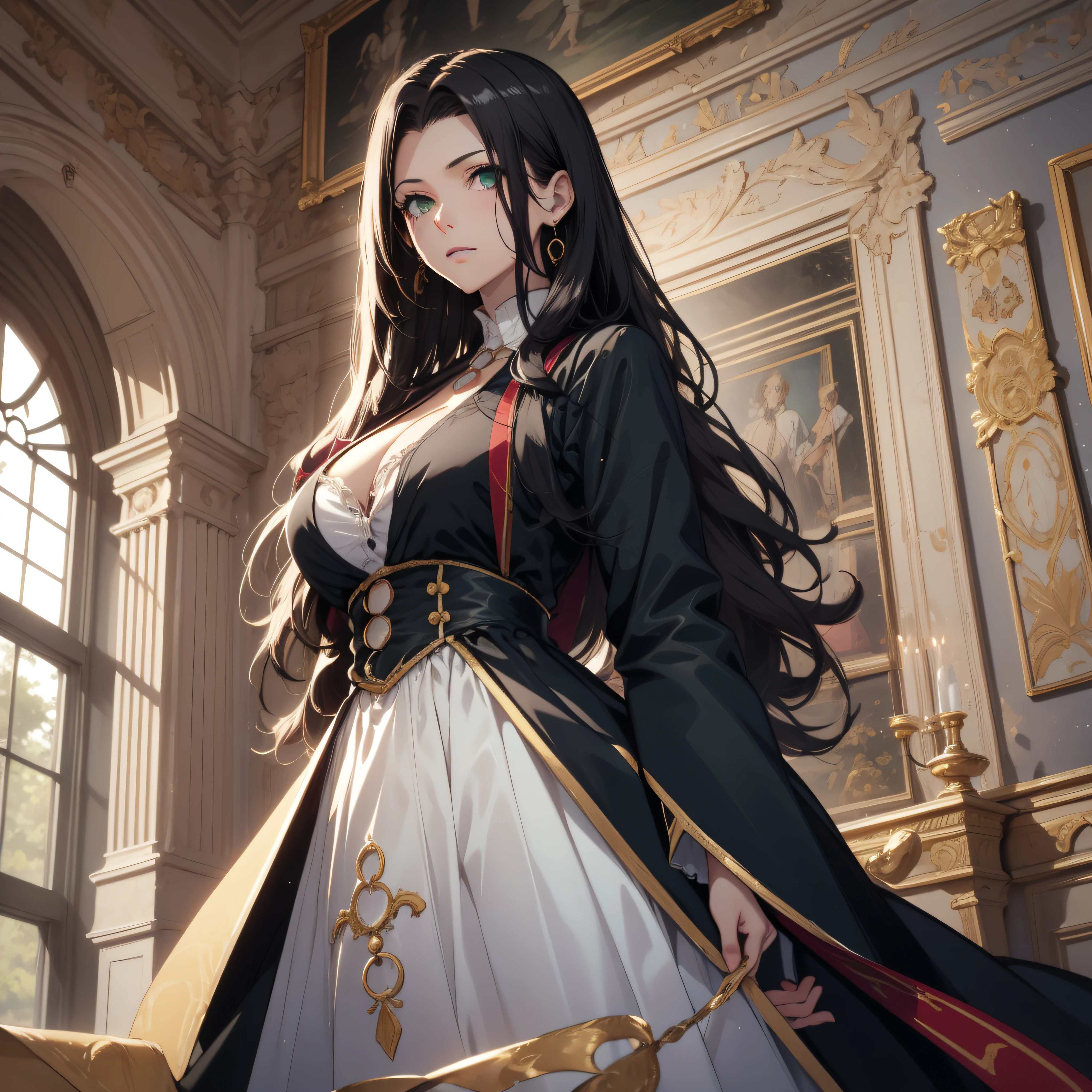 (best quality, masterpiece, ultra-detailed, extremely detailed, highres), (1girl, single, solo), 1 Anime girl, long raven hair, slightly wavy hair, parted bangs, cleavage, Magus, green eyes, earring, long black coat, white shirt, black skirt, aristocrat, noble attire, beautiful, ethereal, elegant, prestigious, classic, royal building, royal atmosphere