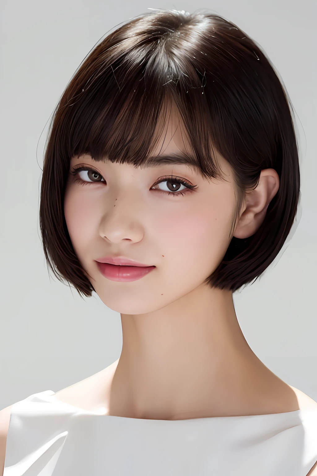 ((masterpiece, top quality, high definition)), 1 girl, (photorealistic: 1.4), solo, white background, snow-white background, mouth closed, happy smile, happy smile, pretty black hair, short hair, big eyes, clear double eyelids, eyelashes, ears out, long neck, long neck, absolute area, ((face close-up)), (drawing all head, shoulders), 19 years old, Attractive proportions, shiny skin, clean collarbone, golden ratio face, perfect face, teardrop mole, mole on chest, bangs, clean bangs, lip gloss, pale lips, pale skin, naked, big breasts, small face, small face, draw all head, draw all shoulders, from side, gaze staring at the camera