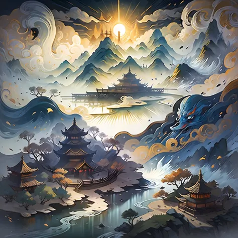 ((Best Quality)), ((Masterpiece)), Chinese Style, Classic of Mountains and Seas, Sacred Beast Mountains, River, Auspicious Clouds, Pavilions, Sunlight, Masterpiece, Super Detail, Epic Composition,